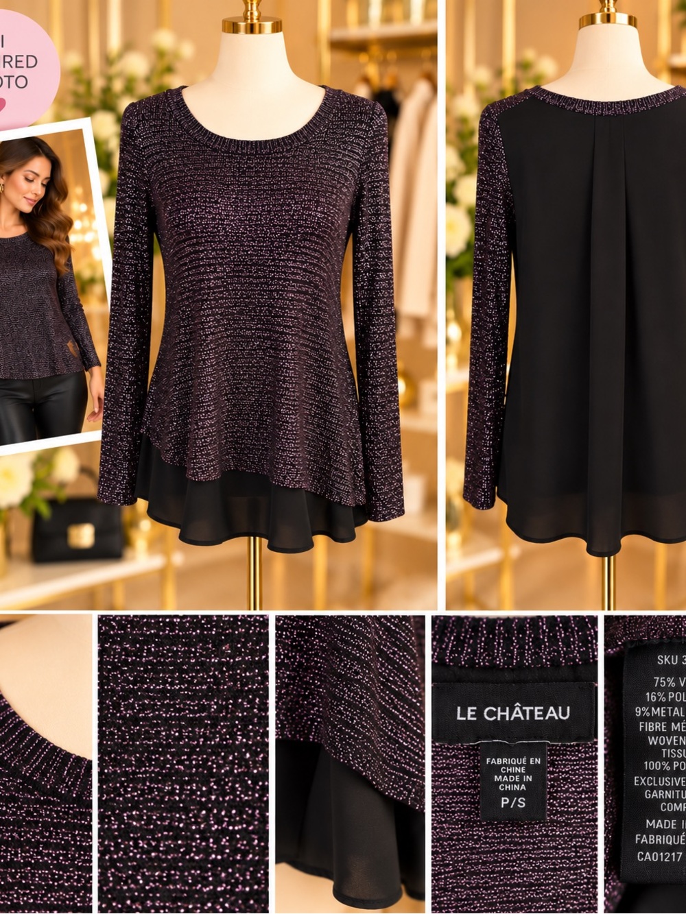 le chateau Women's Purple Metallic Knit Peplum Top